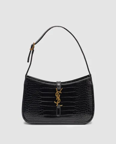 Saint Laurent Hobo Le 5 A 7 in Crocodile-Embossed Shiny Leather in Black